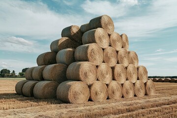 A photo of a large number of straw bales