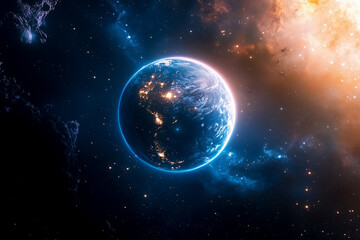 Obraz premium A digital image of a planet in a colorful nebula, capturing a cosmic and abstract feel. Perfect for space and science visuals.