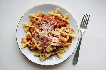 A photo of a plate of farfalle pasta with tomato sauce and parmesan cheese
