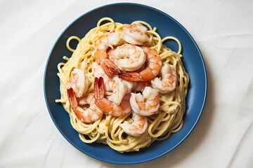 A photo of a plate of creamy seafood pasta spaghetti with shrimp