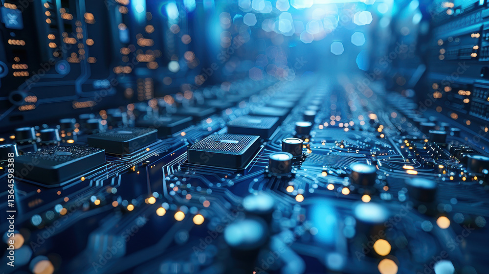 Poster futuristic computer circuit board close-up in a data center with glowing microchips and blue bokeh l