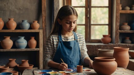 A young girl of Caucasian descent paints a pottery piece in a rustic workshop.