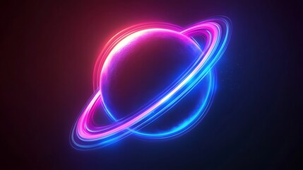 Glowing neon planet icon in blue and pink with illuminated rings on dark background

