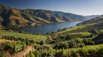 Naklejka premium Scenic view of lush vineyards along a river, framed by rolling hills and a clear blue sky.