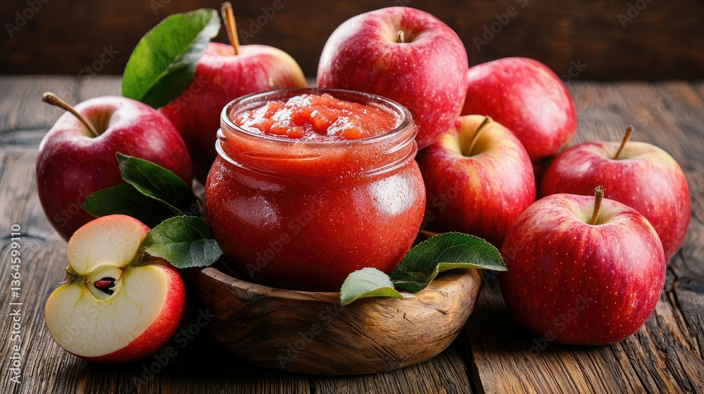 Poster a rustic kitchen table with a jar of homemade apple sauce surrounded by apples.