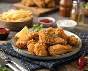 Fried chicken platter with lemon wedges and fries 
