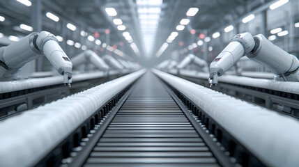 A futuristic industrial scene featuring robotic arms efficiently working along a conveyor belt in a vast, well-lit facility.