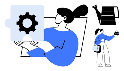 Woman holding gear puzzle piece, another examining plant in pot with coffee cup, large watering can. Ideal for teamwork, problem-solving, growth, strategy, nurturing ideas, development