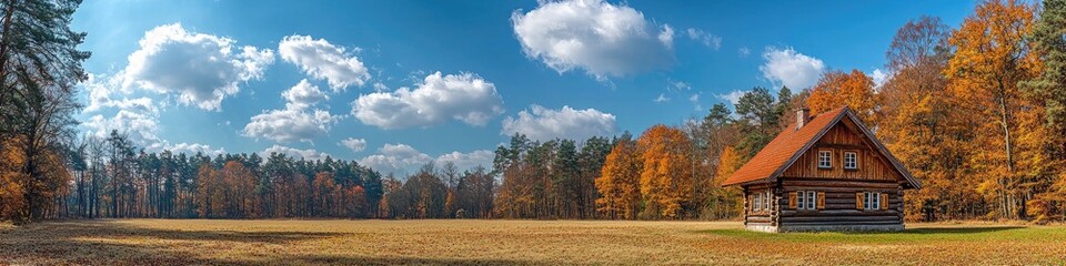 Autumnal Cabin in a Forest Meadow