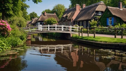 Fototapeta premium Charming Dutch village featuring traditional thatched-roof houses and a quaint bridge over a calm canal.