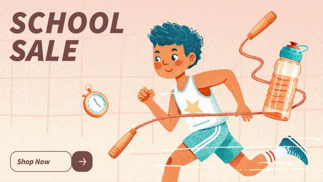 horizontal banner template with the inscription "School sale" and a hand-drawn illustration of a running boy