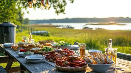 Fototapeta premium A scenic view of a traditional Maryland crab feast on a picnic table with a waterfront backdrop. 