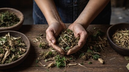 A pair of hands, possibly female and of Asian descent, cradles fresh herbs while surrounded by bowls of dried plants, exuding a rustic vibe.