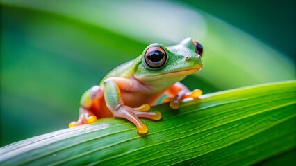 Naklejka premium Adorable Miniature Tree Frog on Leaf, Tilt-Shift Photography