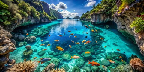 Obraz premium Aerial Drone Shot: Turquoise Cove, Crystal Clear Water, Fish, Sea Caves