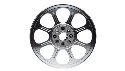 Obraz premium Shiny car wheel rim with eight large oval-shaped holes and a sleek metallic finish png on transparent background 