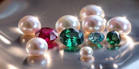 Colorful gemstones and pearls shimmering in soft light on a reflective surface.