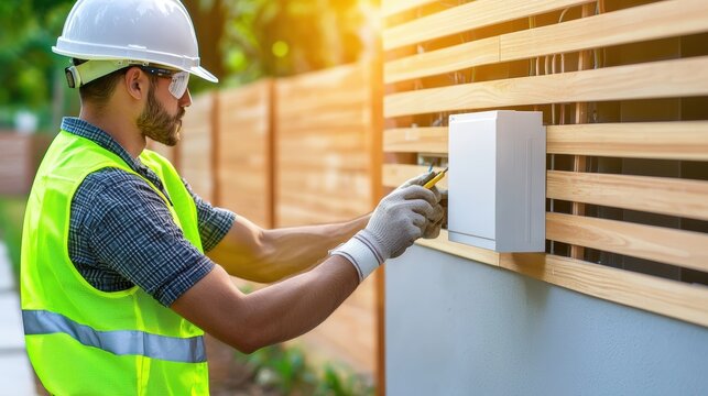 A worker in a safety vest installs a device on a wooden fence, showcasing commitment to craftsmanship and attention to detail in a well-lit outdoor environment, Green Technology.