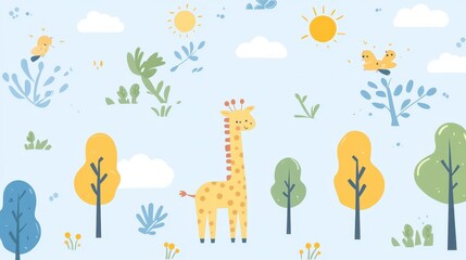 Obraz premium Cute Giraffe Cartoon with Sunny Meadow, and Childrens Illustration.
