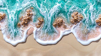 Fototapeta premium Turquoise Ocean Waves Crashing on Sandy Beach Detailed Resin Art Abstract Coastal Scene