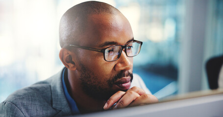 Business, thinking or man in office, computer or online reading with accounting report. African person, financial advisor or consultant with decision, thought or pc with email for funding or solution