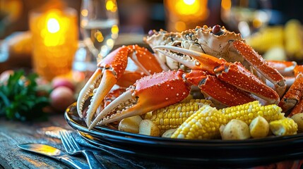 A serving of snow crab legs on a festive table with corn and potatoes. 