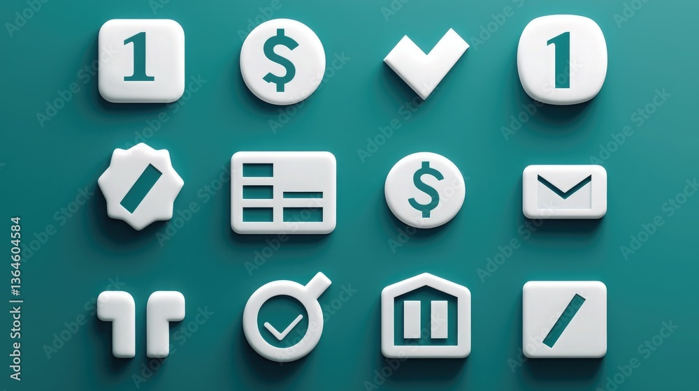Poster a set of numbers-related icons for financial tools, including symbols for percentage, division, and 