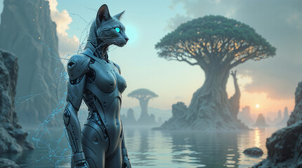 Naklejka premium A robot with cat features on alien earth