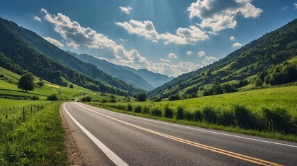 A scenic view of a winding road through lush green hills and mountains under a bright blue sky.