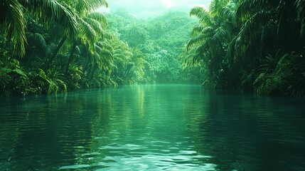 Obraz premium A tranquil river flowing through a lush green tropical forest