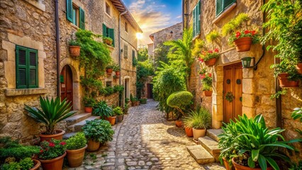 Fototapeta premium Charming Mediterranean Alleyway: Rustic Stone Buildings, Potted Plants, Cozy Village Scene