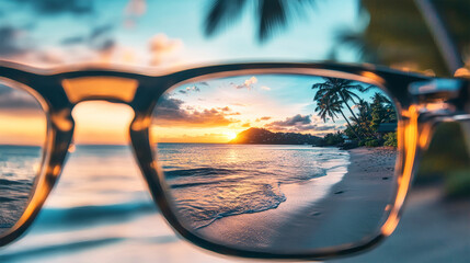 Experience clear vision with tropical paradise at sunset through stylish glasses in a resort setting
