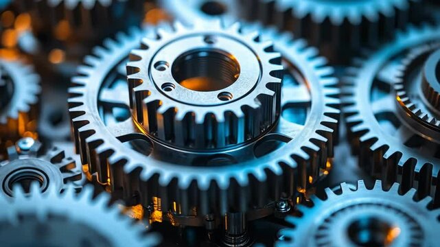 Closeup of metallic machinery gears showcasing intricate details and reflections, highlighting industrial technology and metal