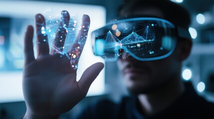 A person using augmented reality to visualize a 3D model, workspace with AR glasses and interactive 3D designs, High-tech style