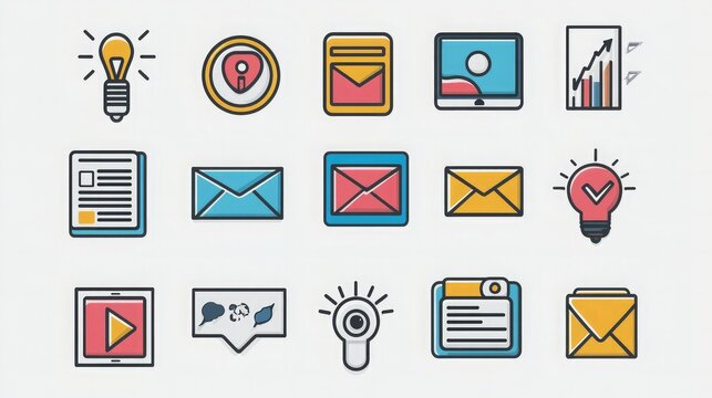 A sleek marketing icon set showcasing tools for digital marketing, including mobile ads, email campaigns, and analytics