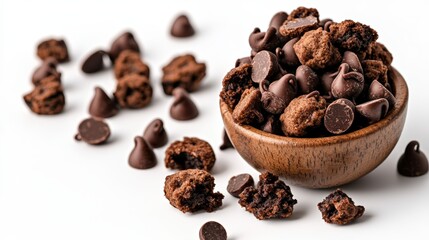 Obraz premium A small wooden bowl overflowing with crumbled chocolate cookies and chocolate chips sits on a white background with cookie crumbs scattered around it