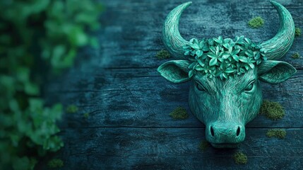 Intricate taurus symbol crafted from emerald green leaves on rustic wood background