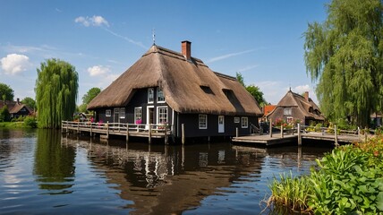 Obraz premium A charming thatched-roof house reflecting on calm waters, surrounded by lush greenery and vibrant flowers.