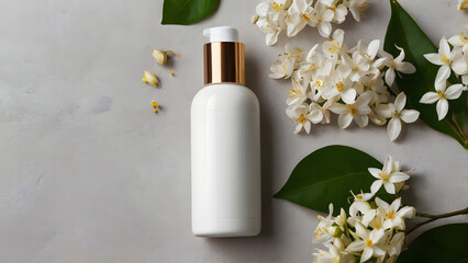 White glossy bottles with dispenser lies on a neutral background around small white flowers