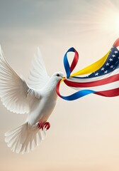 Peaceful dove with flags of Ukraine and united states under a serene sky
