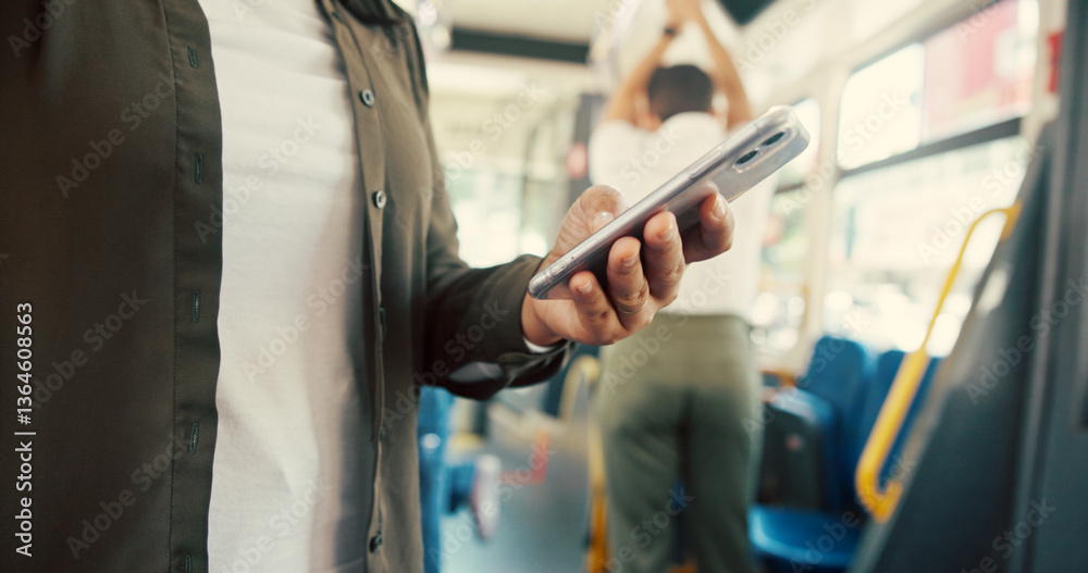 Poster travel, hands and person with phone on bus for transport schedule, online scroll and morning commute