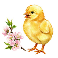 Springtime Joy: A fluffy, adorable baby chick is showcased next to a delicate branch adorned with vibrant spring blossoms. Evoking a sense of fresh life and purity.