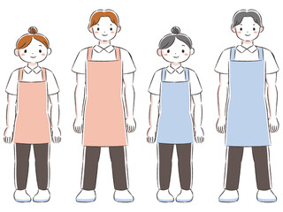 エプロンを付けた笑顔の男女の手描きイラストセット