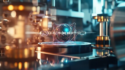 A quantum computer scientist analyzing quantum algorithms, futuristic lab with quantum processing units and holographic data projections, High-tech style