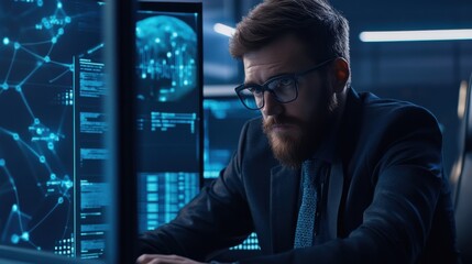 A quantum cryptography expert securing digital communications, a secure data center with encrypted data streams on holographic interfaces, High-tech style