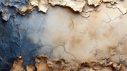 Naklejka premium Abstract Textured Wall Art Cracked Beige Blue and Gold Paint Texture Background