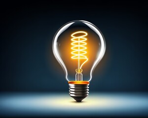 Warm yellow light bulb with complex glowing coil on display 