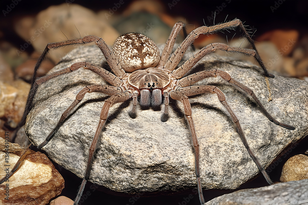 Wall mural close-up of a huntsman spider resting on a stone displaying intricate patterns and textures
