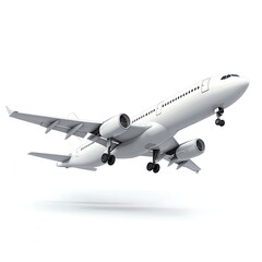 Fototapeta premium A commercial aircraft flies isolated against a white sky