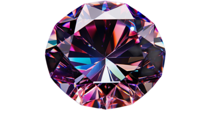 Round-cut gemstone reflecting multiple colors like purple, pink, blue, and white with intricate faceting patterns isolated on transparent background png